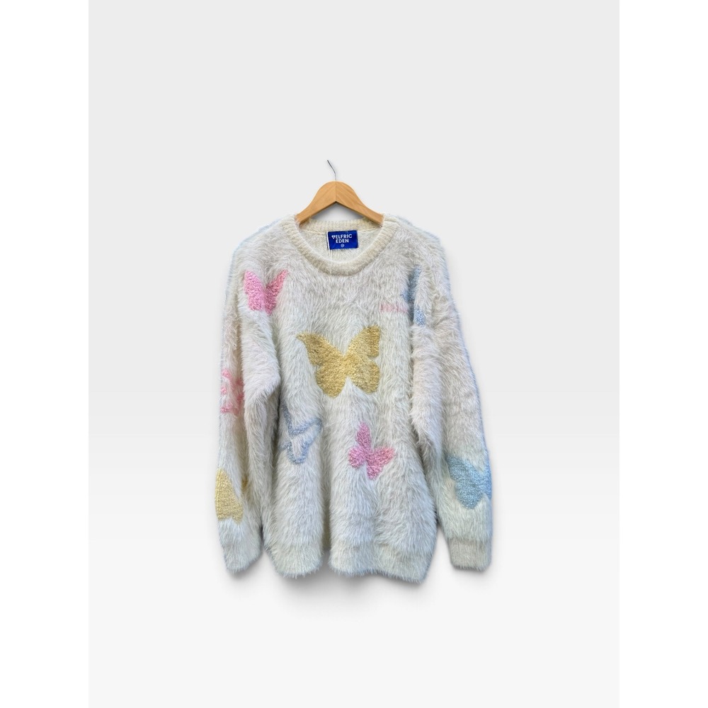 NWT Aelfric Eden Butterfly Oversized Fuzzy Sweater M Cream Pastel Y2K Coquette